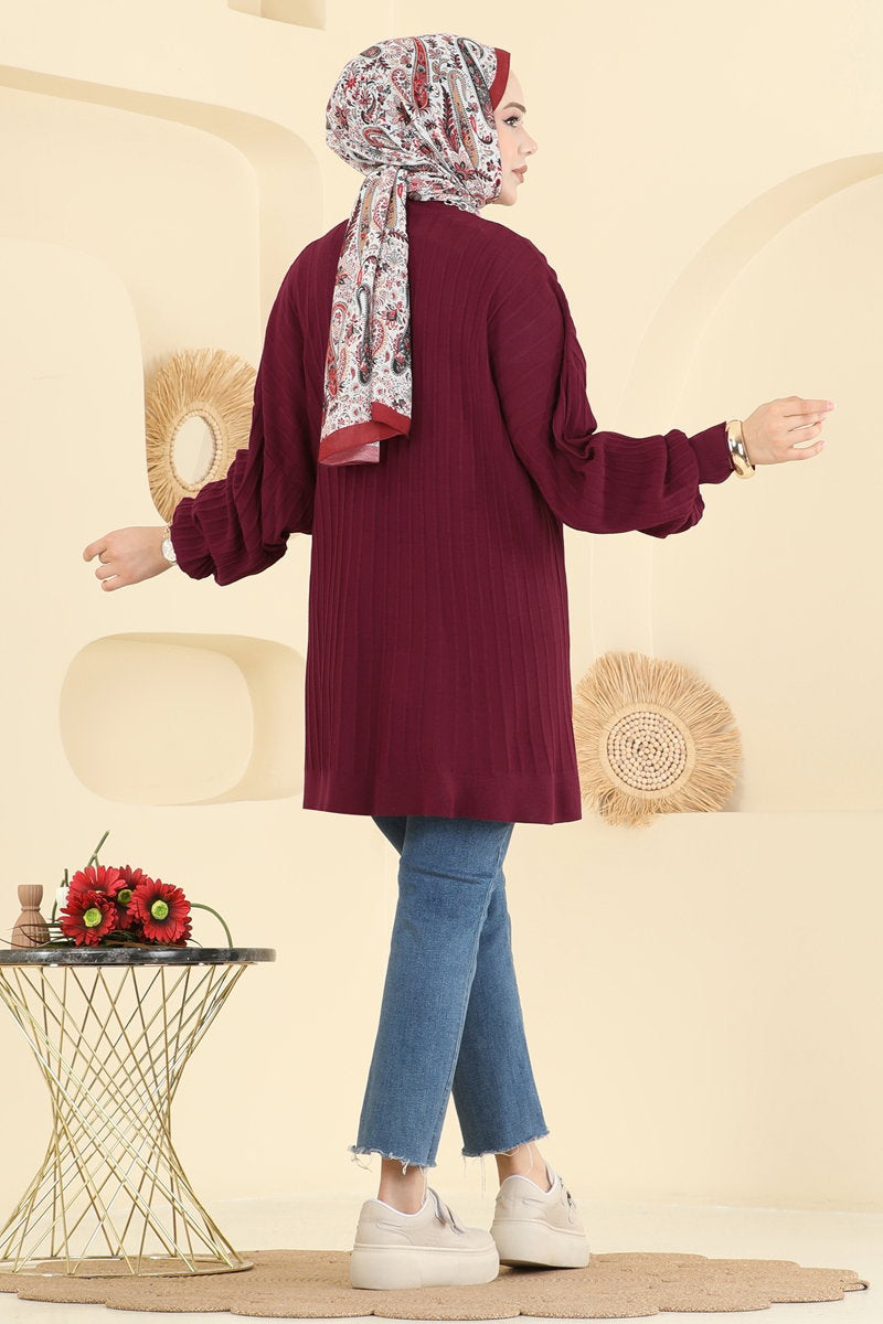 Balloon-Sleeve Knit Tunic - Burgundy