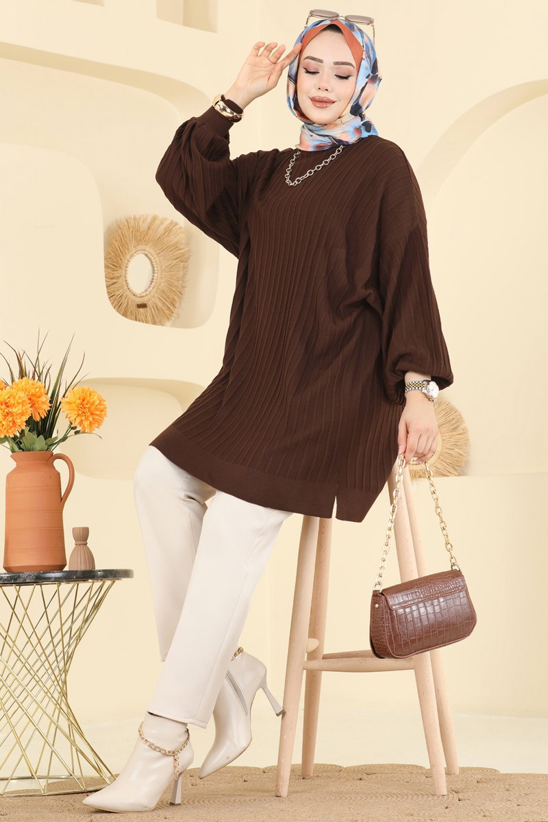 Balloon-Sleeve Knit Tunic - Brown