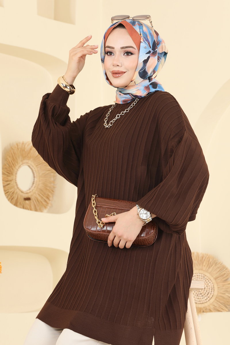 Balloon-Sleeve Knit Tunic - Brown