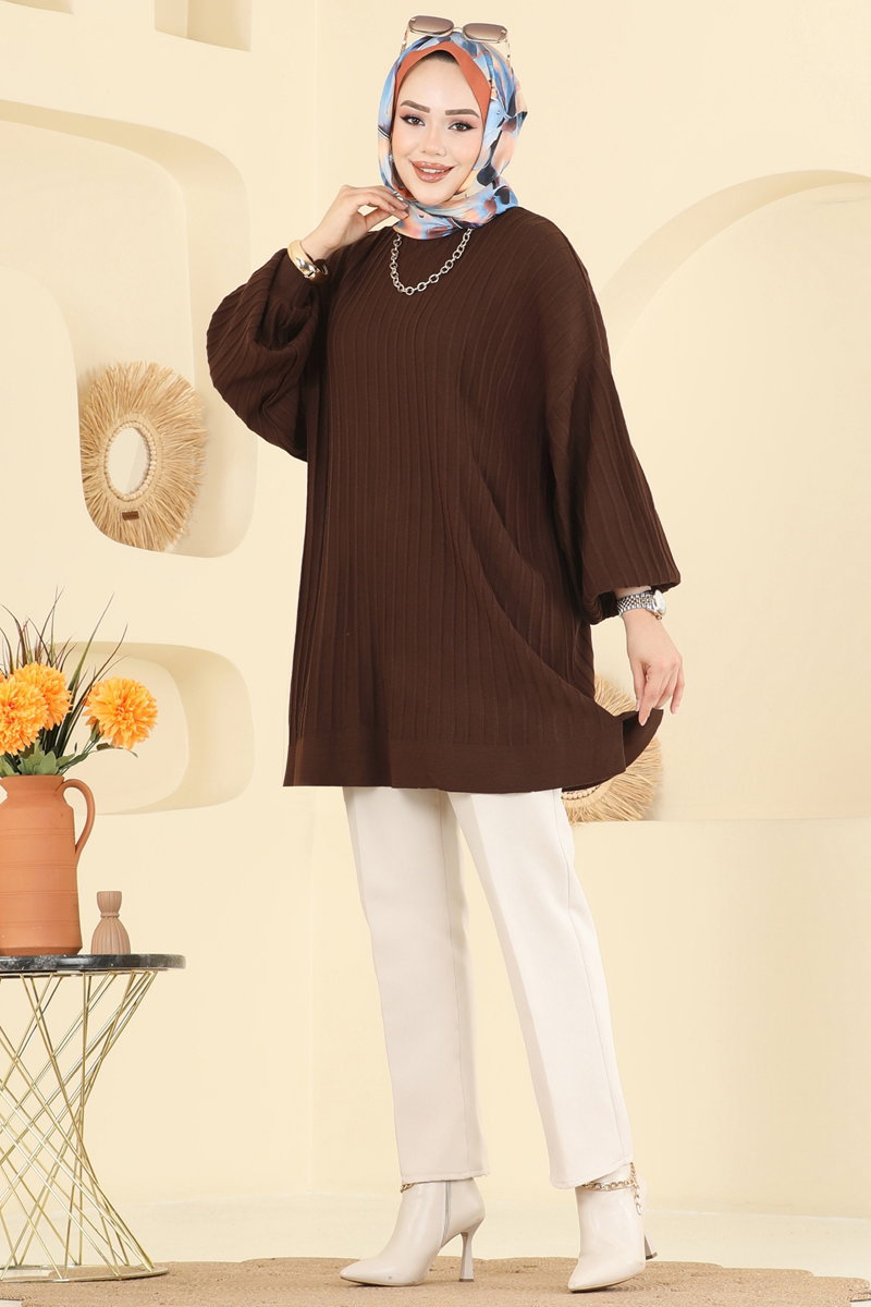 Balloon-Sleeve Knit Tunic - Brown