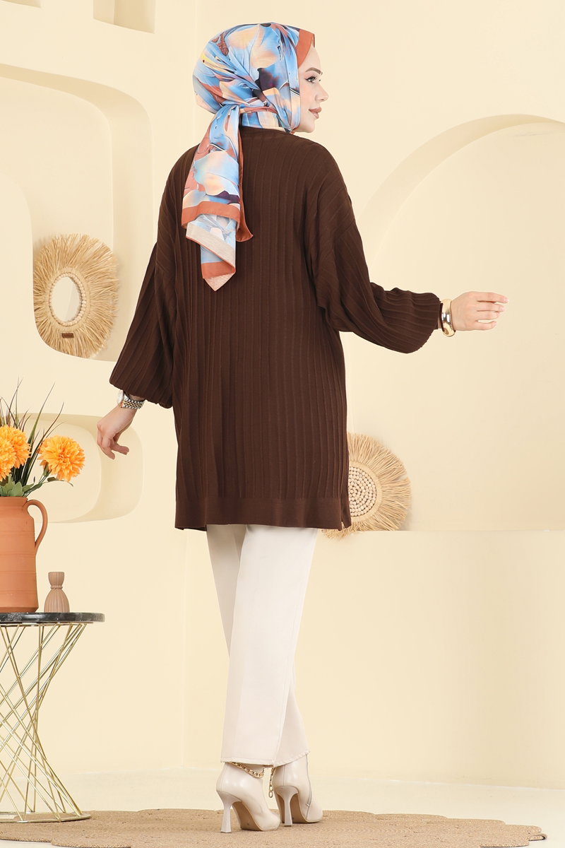 Balloon-Sleeve Knit Tunic - Brown