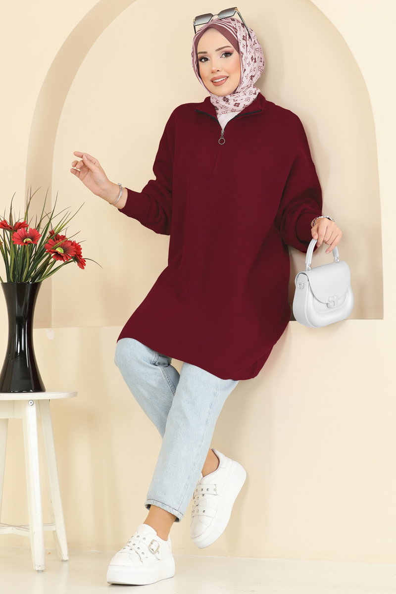 Puff-Sleeve Knit Tunic - Burgundy