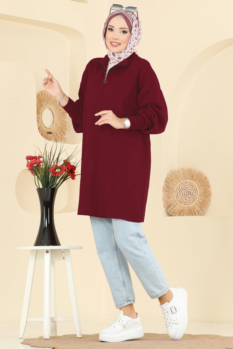 Puff-Sleeve Knit Tunic - Burgundy