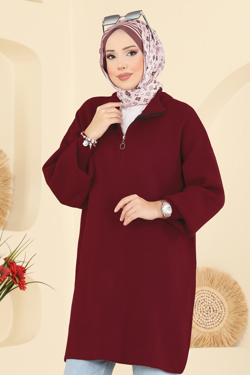 Puff-Sleeve Knit Tunic - Burgundy