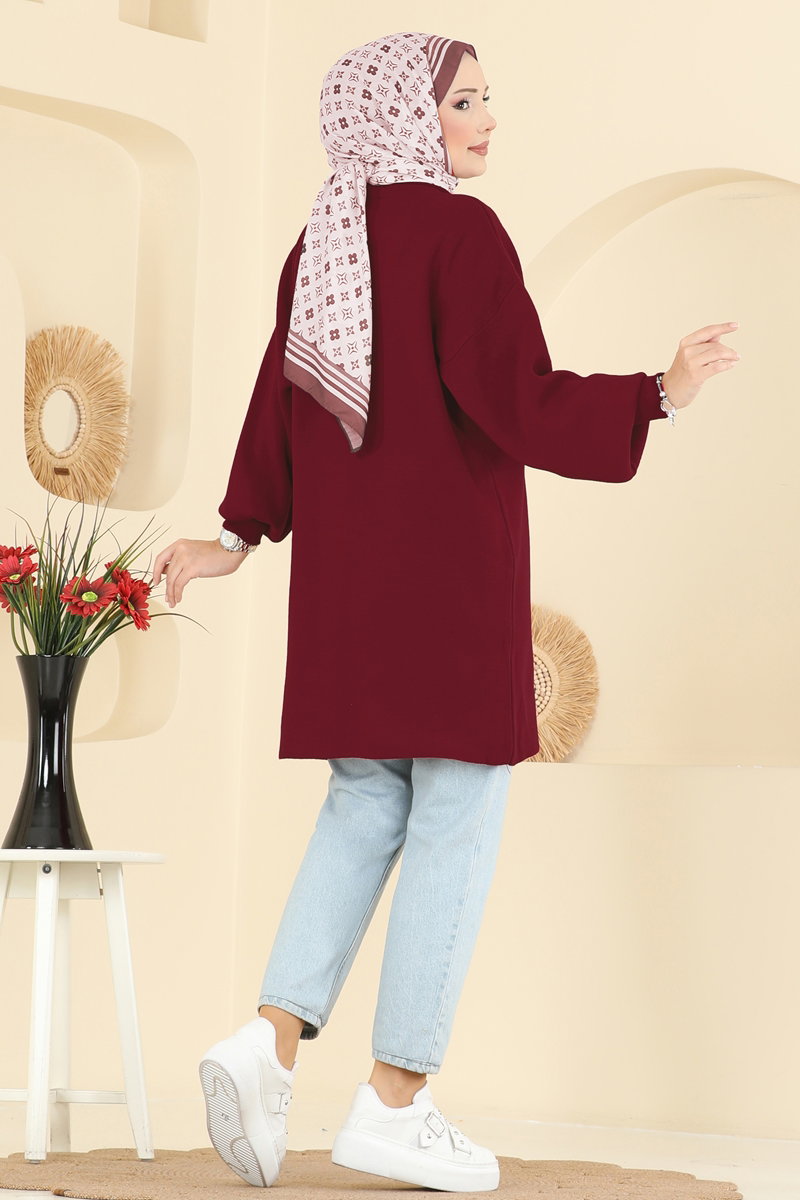 Puff-Sleeve Knit Tunic - Burgundy
