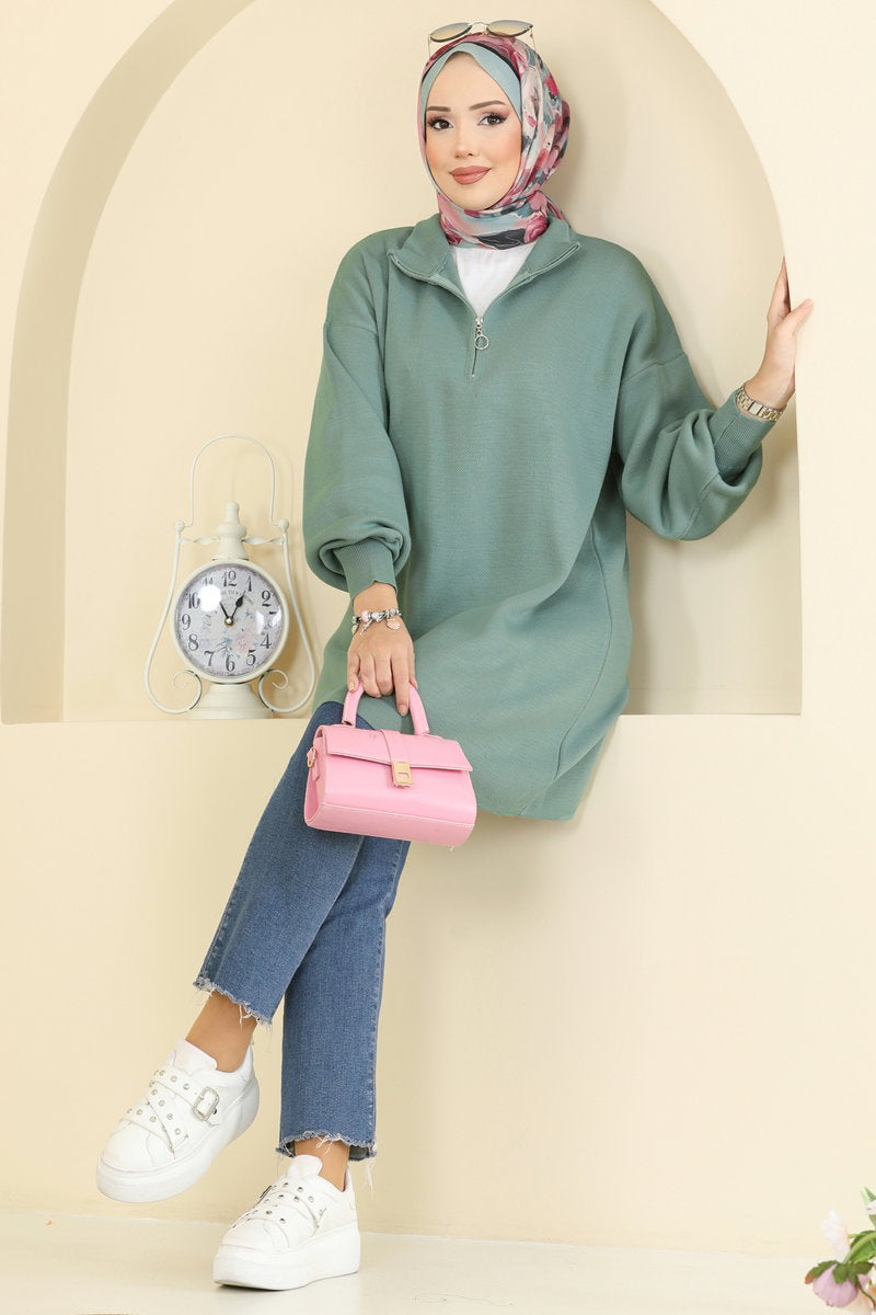 Puff-Sleeve Knit Tunic - Almond Green