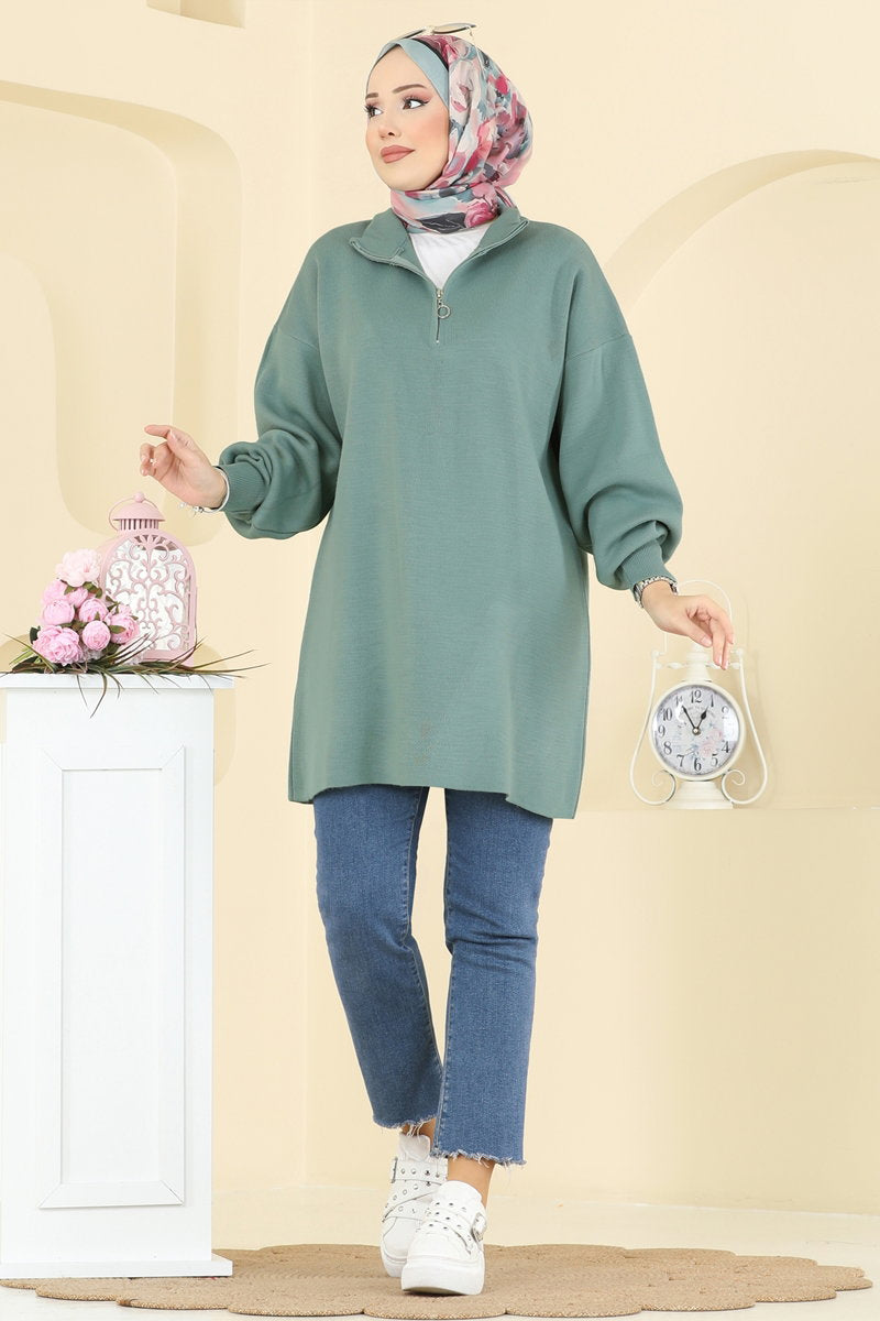 Puff-Sleeve Knit Tunic - Almond Green