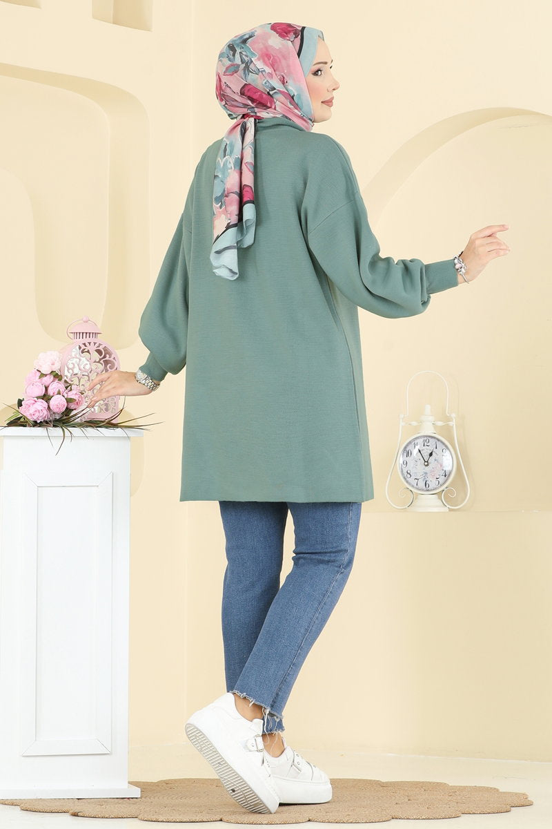 Puff-Sleeve Knit Tunic - Almond Green