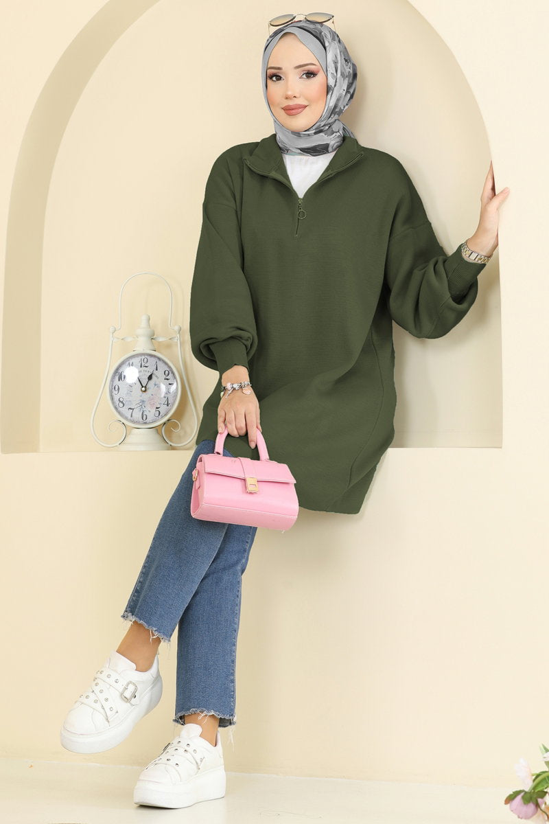 Puff-Sleeve Knit Tunic - Khaki