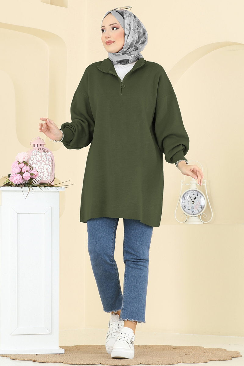 Puff-Sleeve Knit Tunic - Khaki