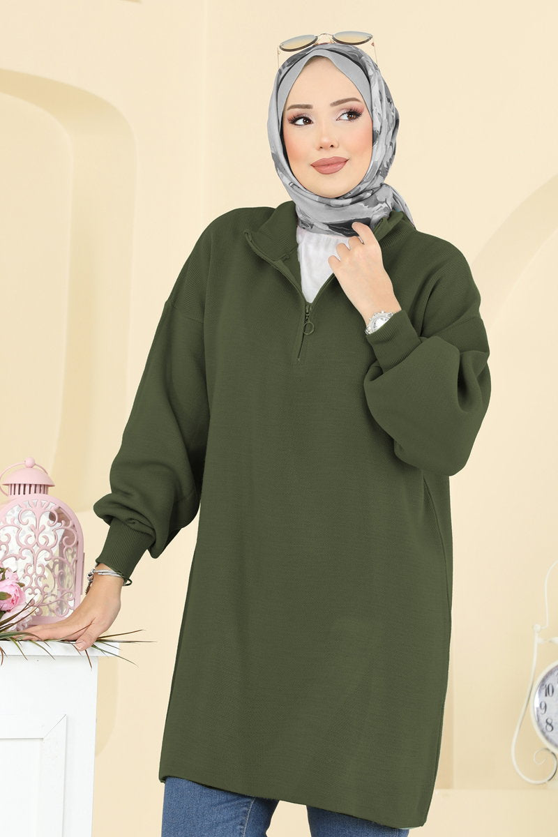 Puff-Sleeve Knit Tunic - Khaki
