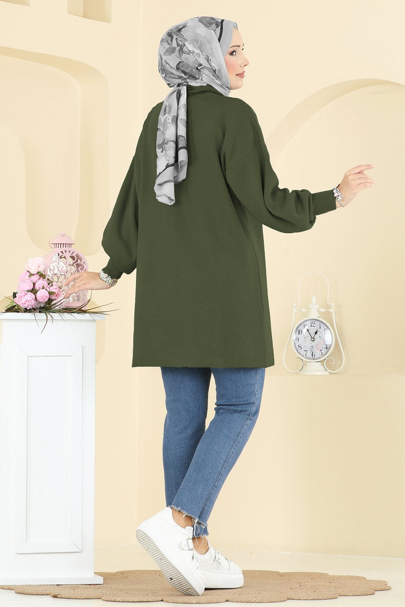 Puff-Sleeve Knit Tunic - Khaki