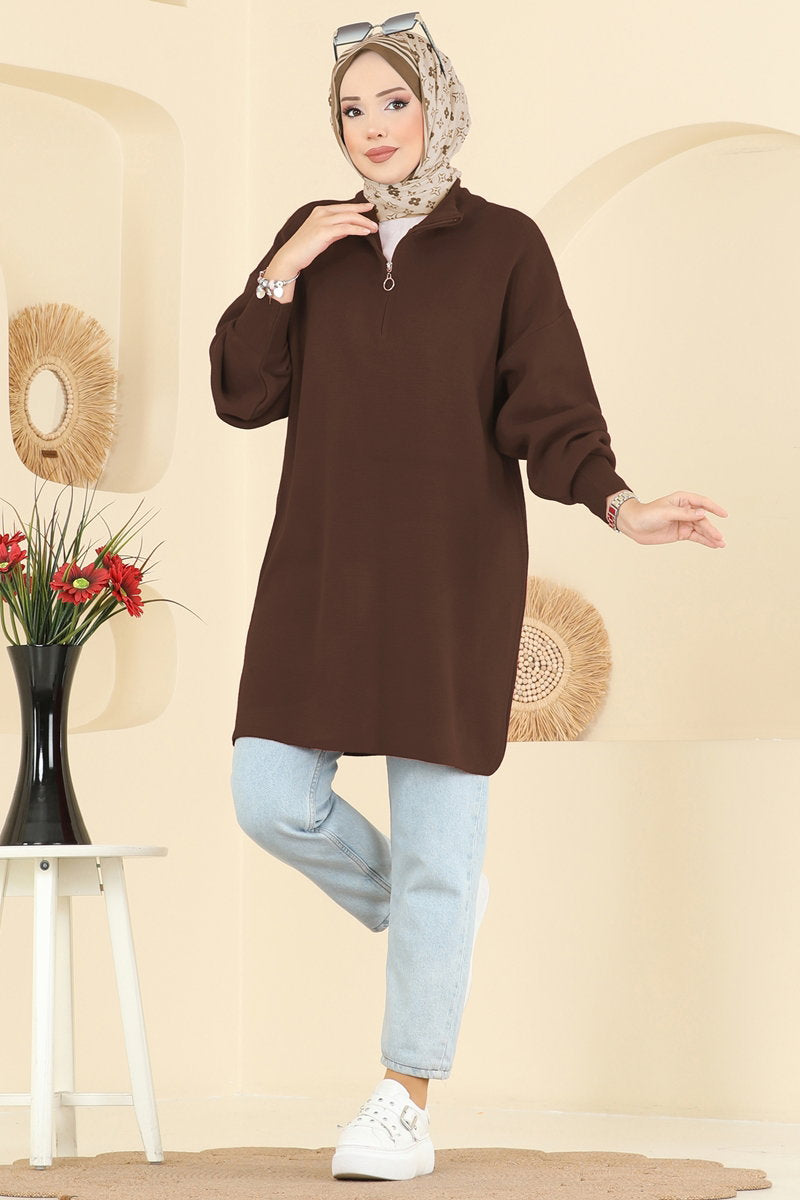 Puff-Sleeve Knit Tunic - Brown