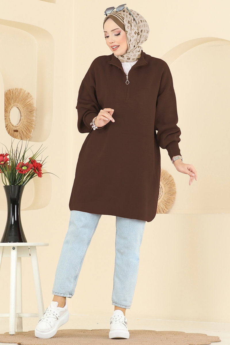 Puff-Sleeve Knit Tunic - Brown