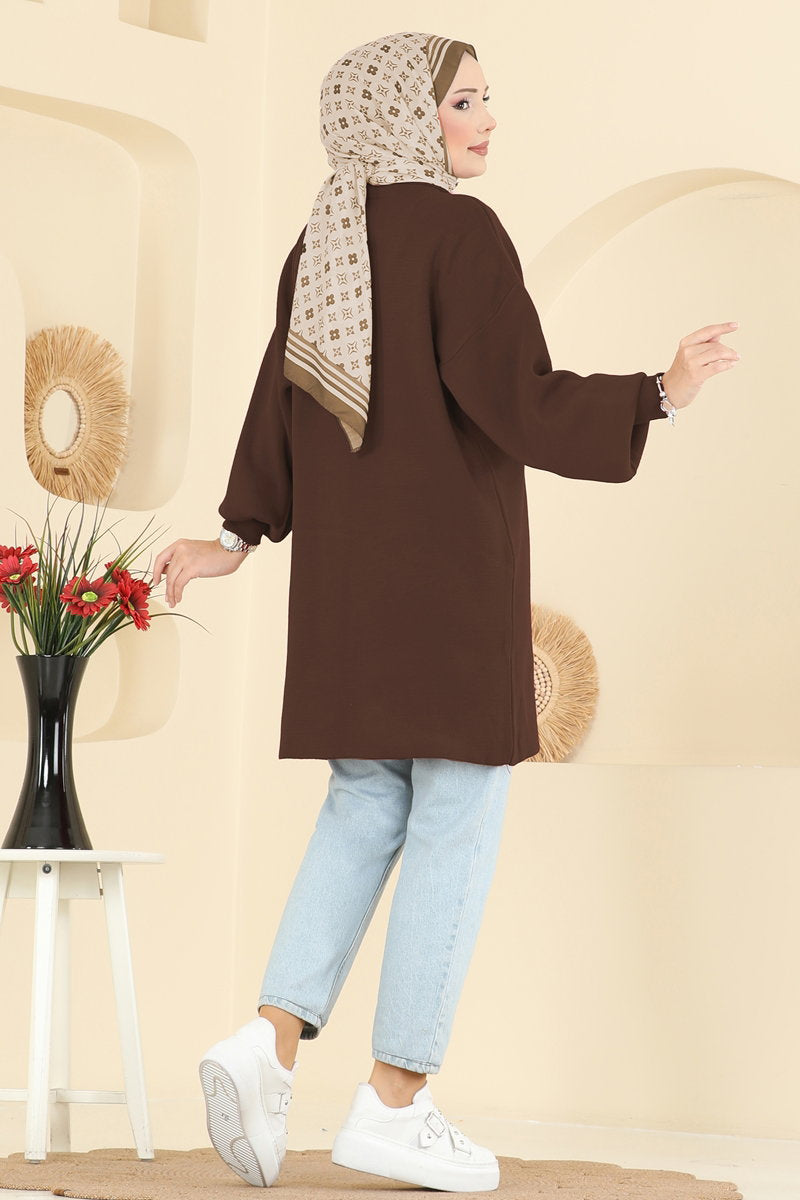 Puff-Sleeve Knit Tunic - Brown