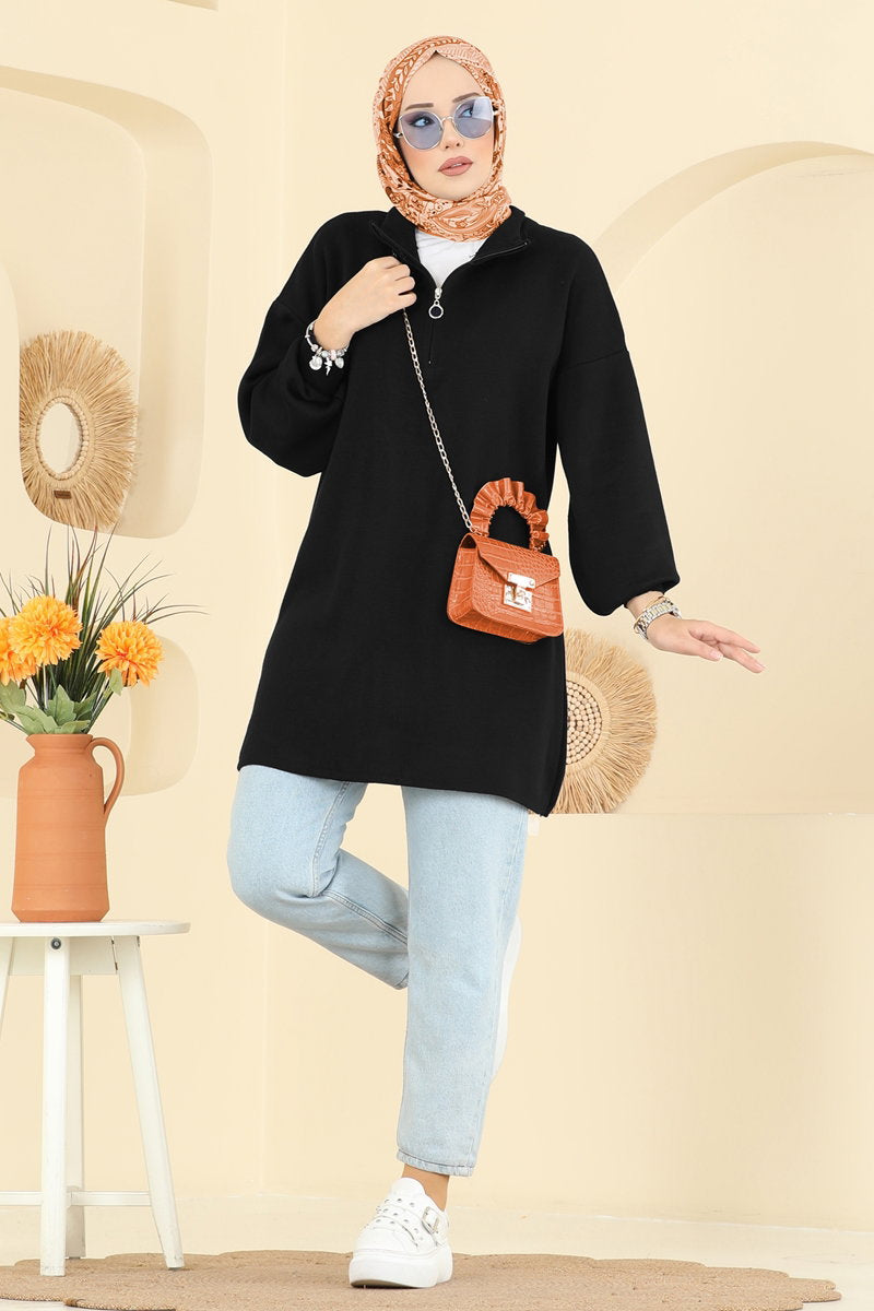 Puff-Sleeve Knit Tunic - Black