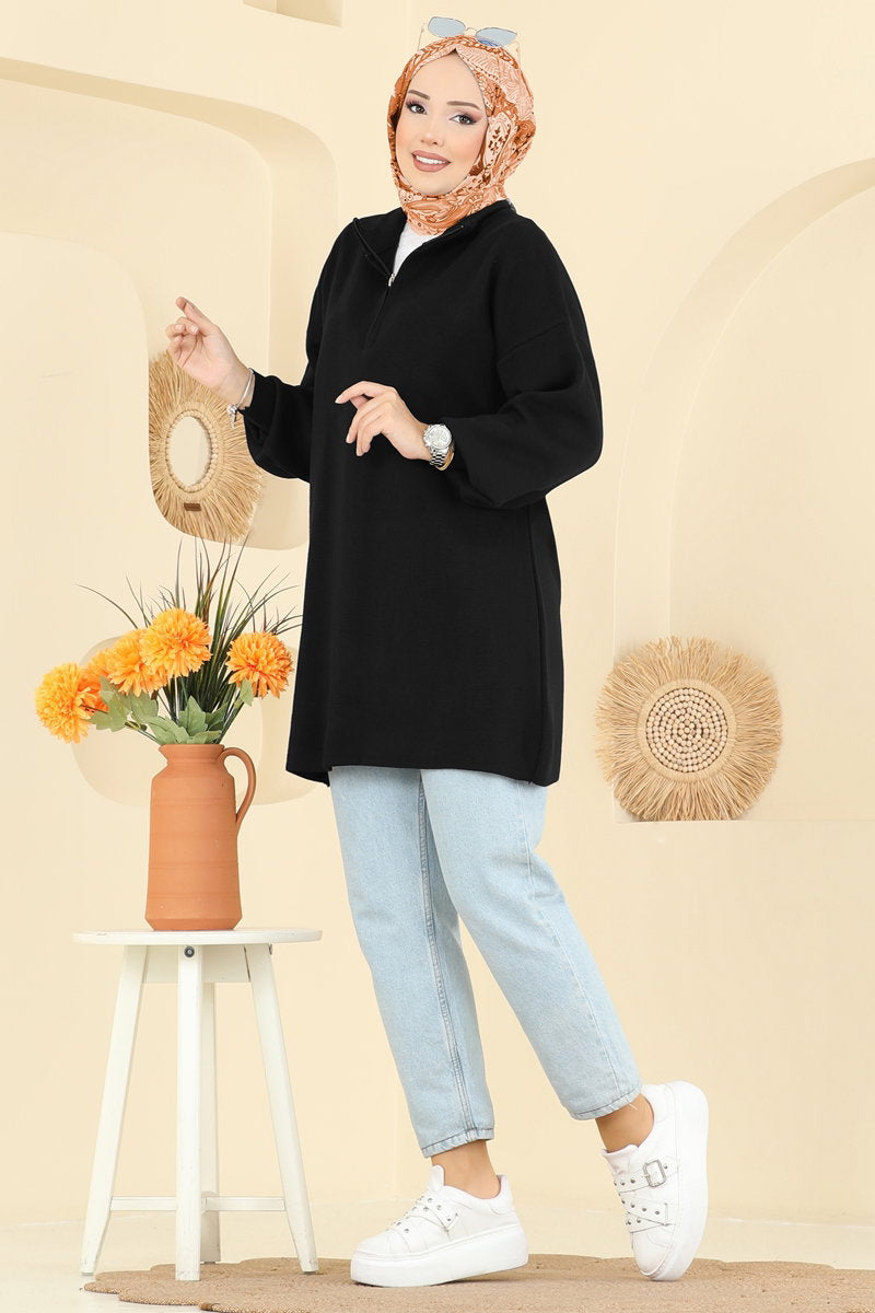 Puff-Sleeve Knit Tunic - Black