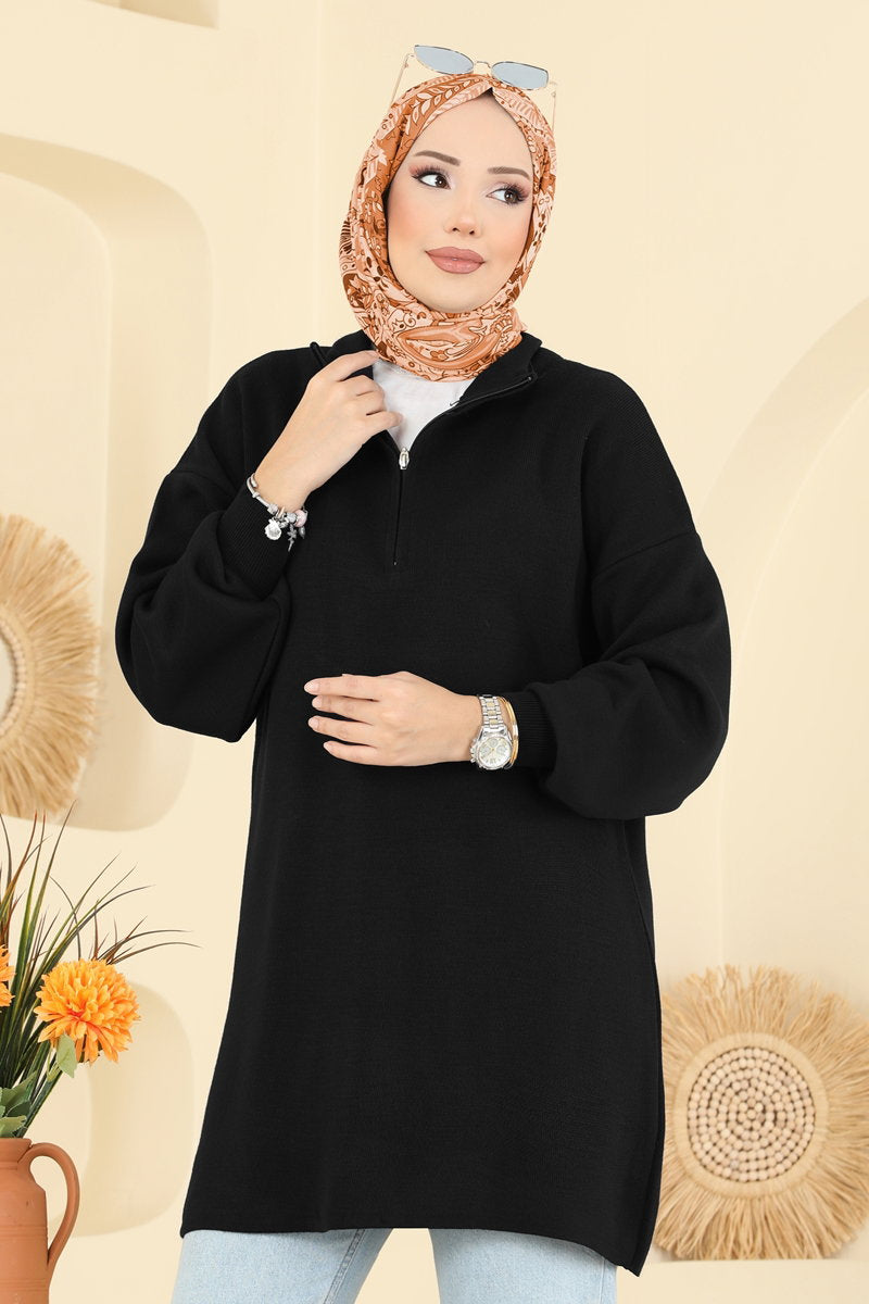 Puff-Sleeve Knit Tunic - Black