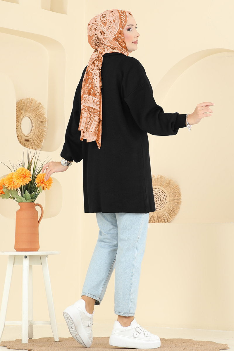 Puff-Sleeve Knit Tunic - Black