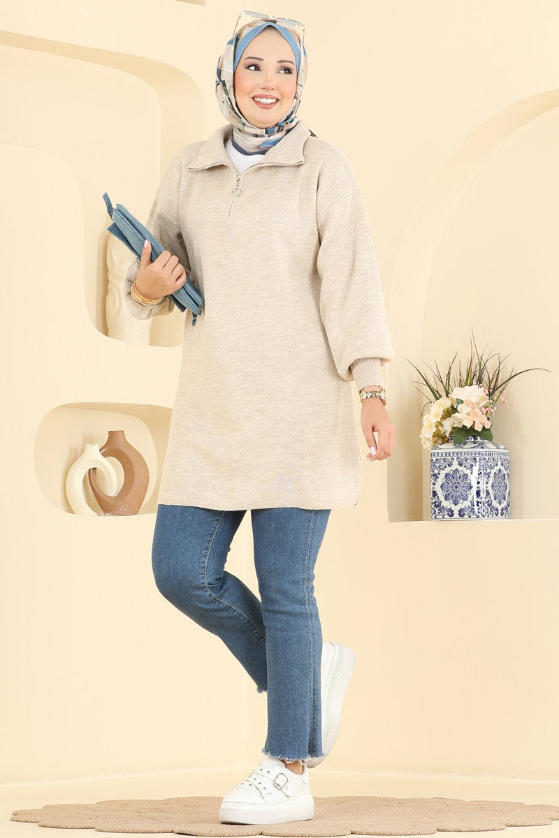 Puff-Sleeve Knit Tunic - Stone