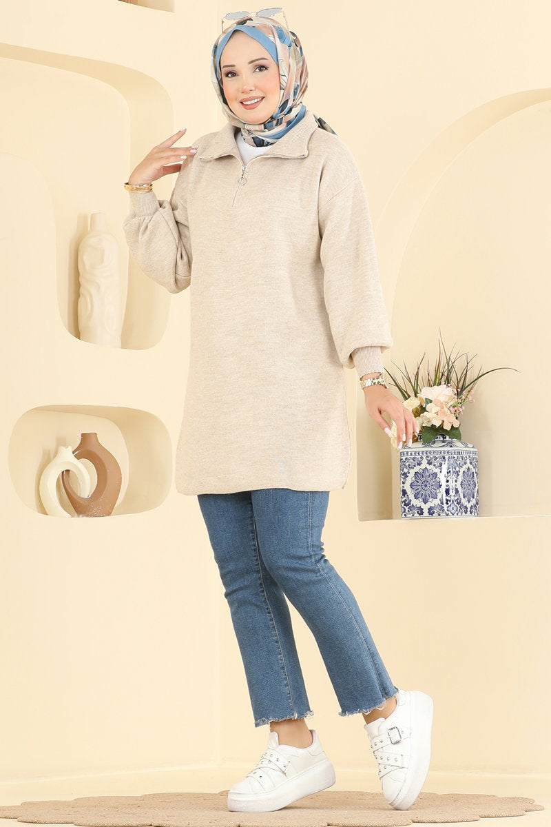 Puff-Sleeve Knit Tunic - Stone