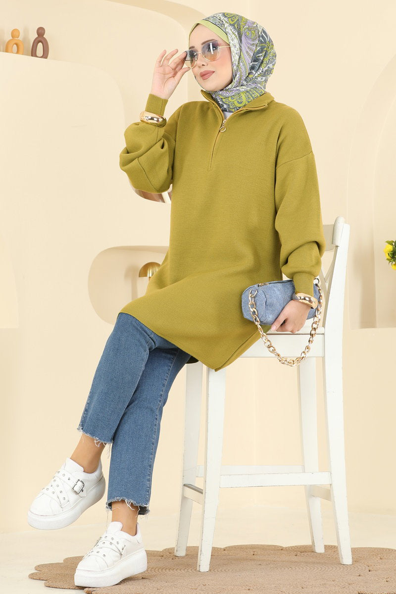 Puff-Sleeve Knit Tunic - Olive