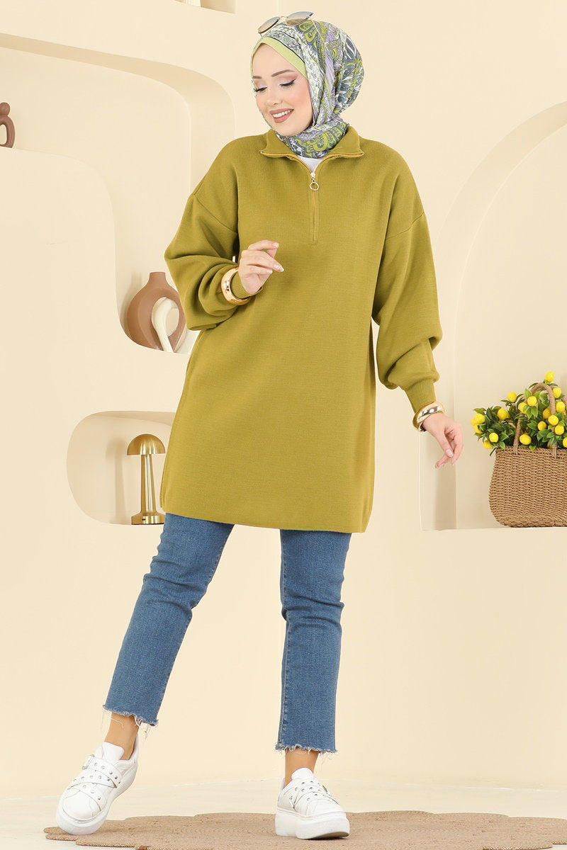 Puff-Sleeve Knit Tunic - Olive