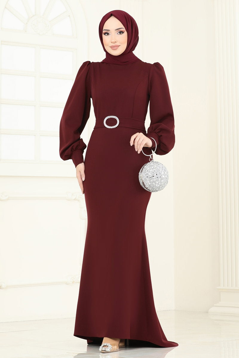 Balloon-Sleeve Mermaid Evening Dress - Dark Burgundy