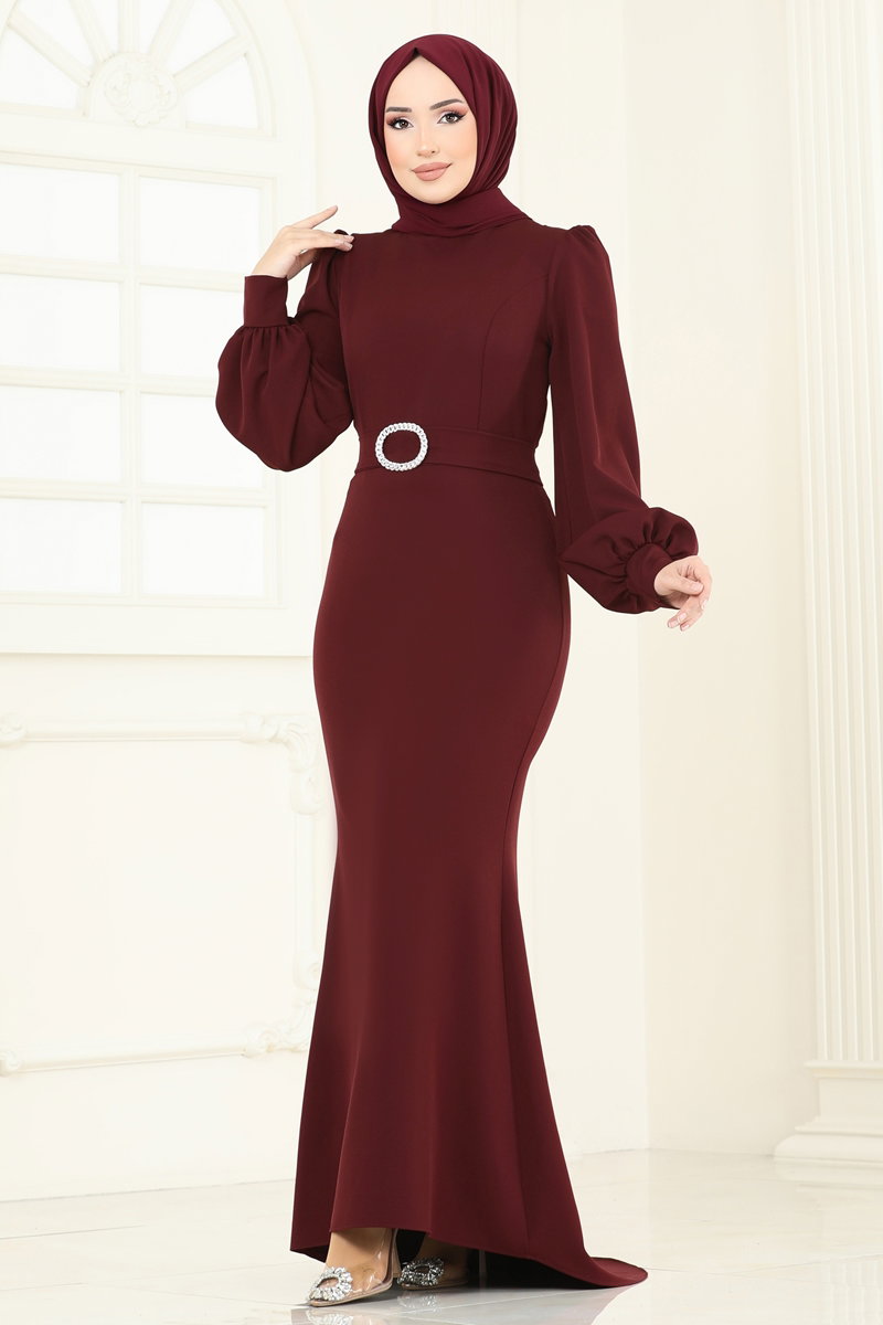 Balloon-Sleeve Mermaid Evening Dress - Dark Burgundy