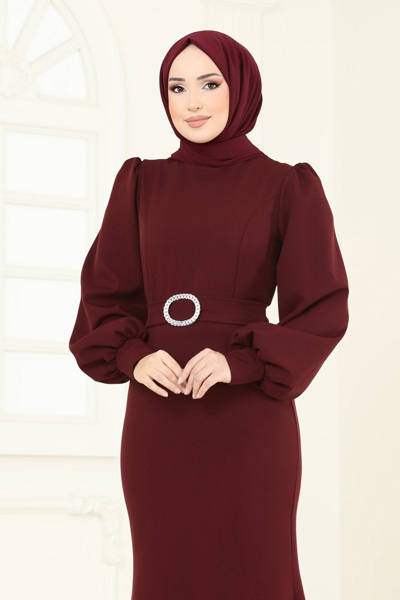 Balloon-Sleeve Mermaid Evening Dress - Dark Burgundy