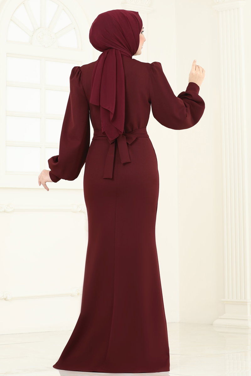 Balloon-Sleeve Mermaid Evening Dress - Dark Burgundy