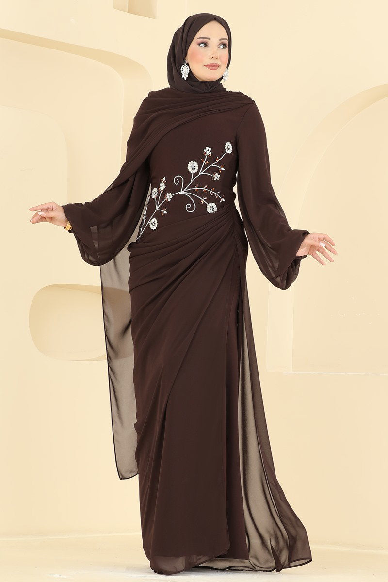 Balloon-Sleeve Evening Dress with Cape - Brown