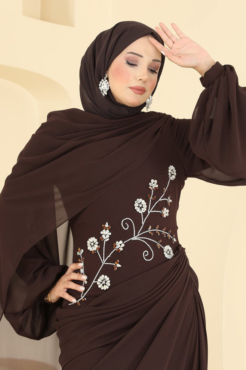 Balloon-Sleeve Evening Dress with Cape - Brown