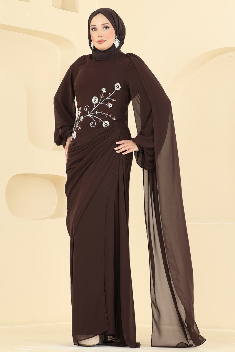 Balloon-Sleeve Evening Dress with Cape - Brown