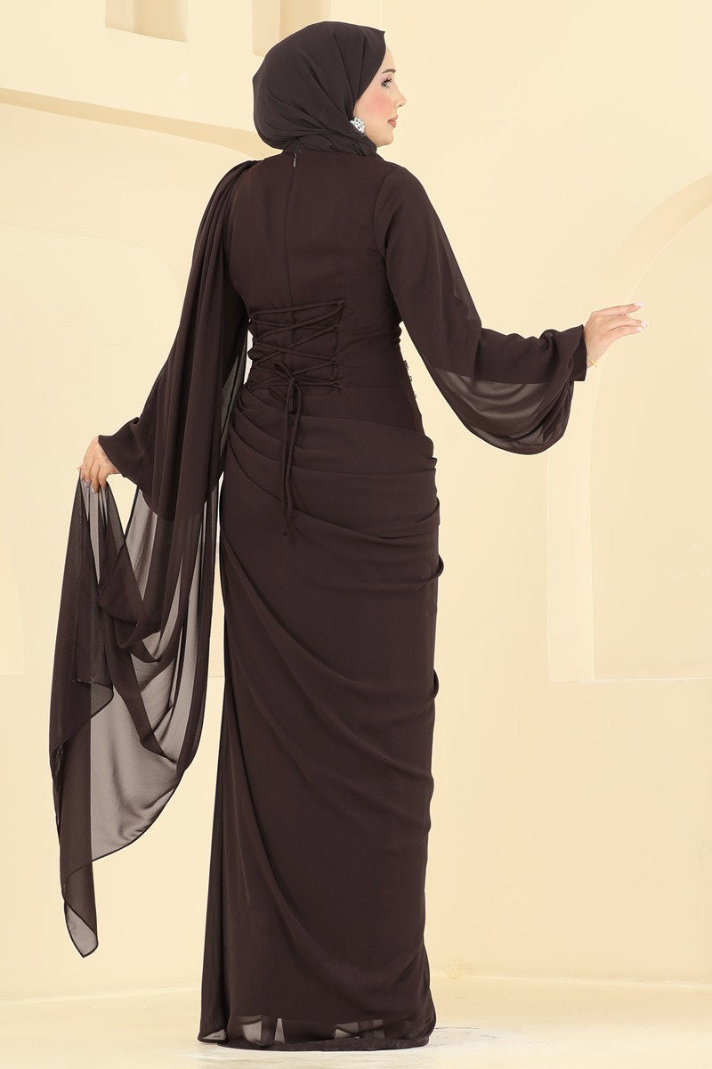 Balloon-Sleeve Evening Dress with Cape - Brown
