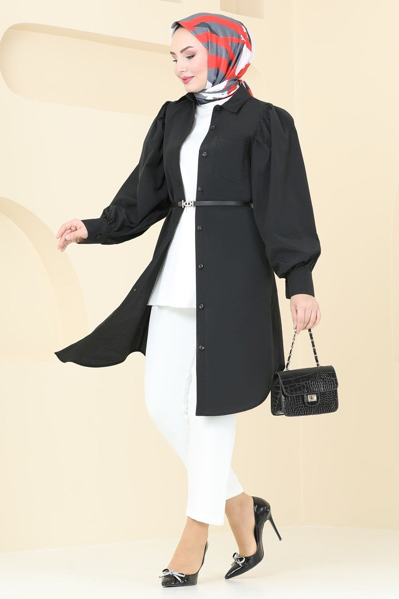 Balloon-Sleeve Poly-Cotton Tunic - Black