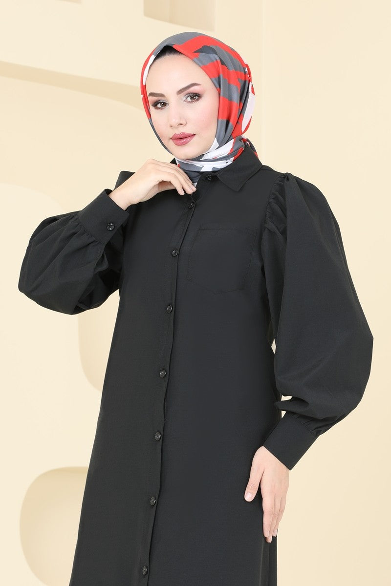 Balloon-Sleeve Poly-Cotton Tunic - Black