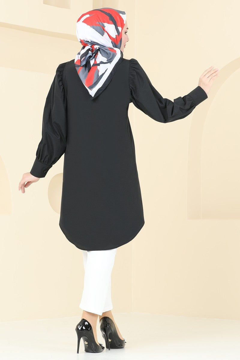 Balloon-Sleeve Poly-Cotton Tunic - Black