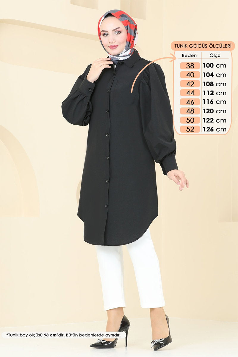 Balloon-Sleeve Poly-Cotton Tunic - Black