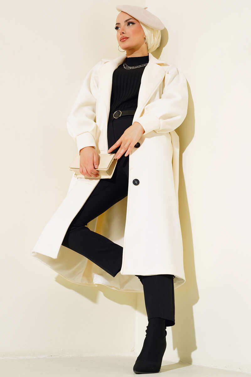Long Felt Coat with Puff Sleeves - Ecru