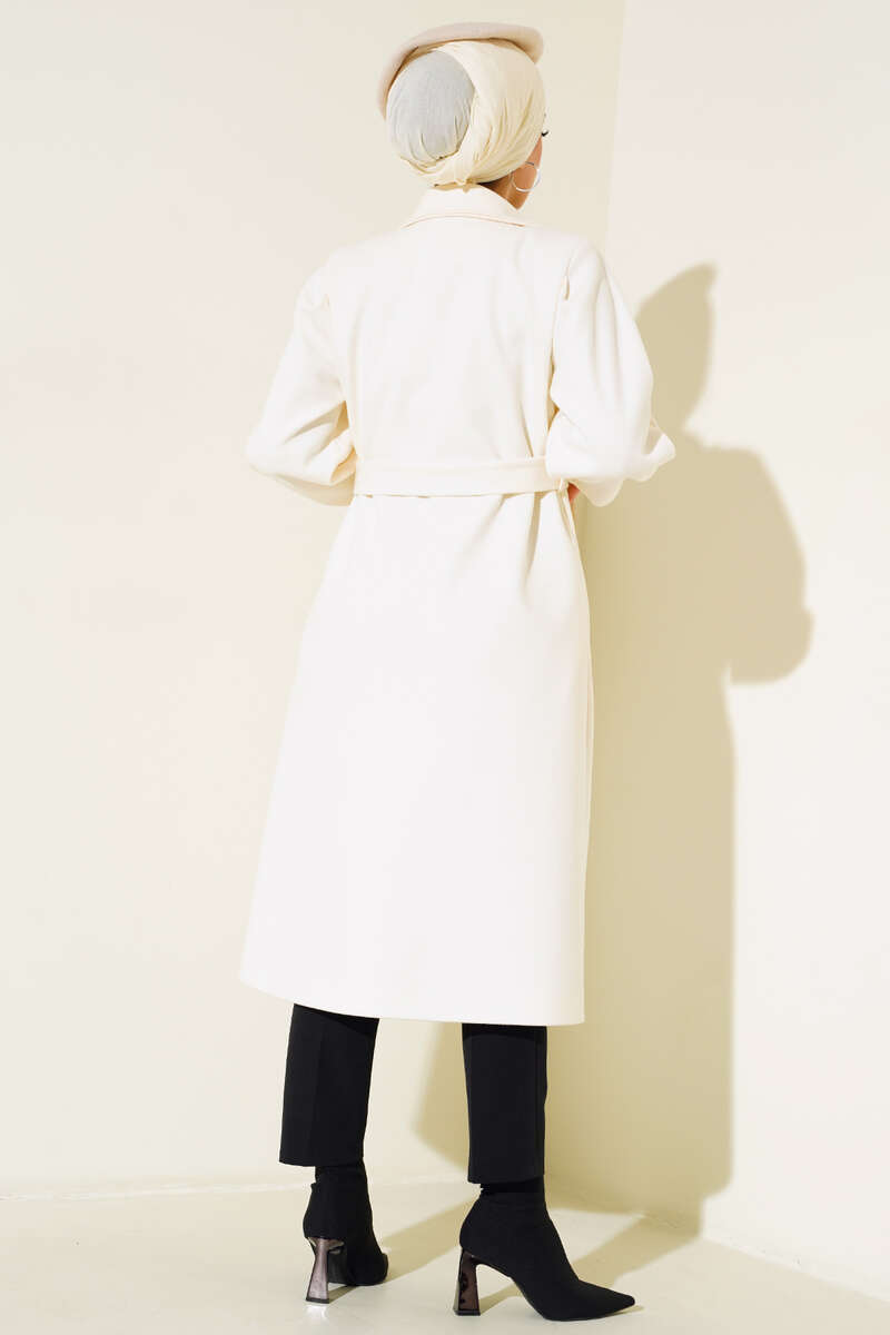 Long Felt Coat with Puff Sleeves - Ecru