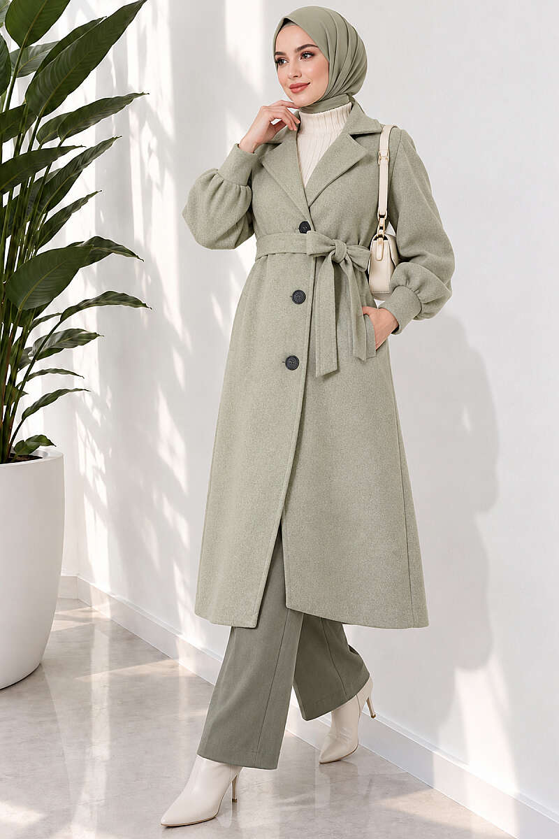 Long Felt Coat with Puff Sleeves - Pistachio