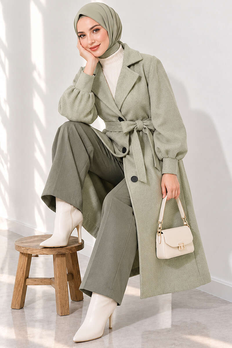 Long Felt Coat with Puff Sleeves - Pistachio