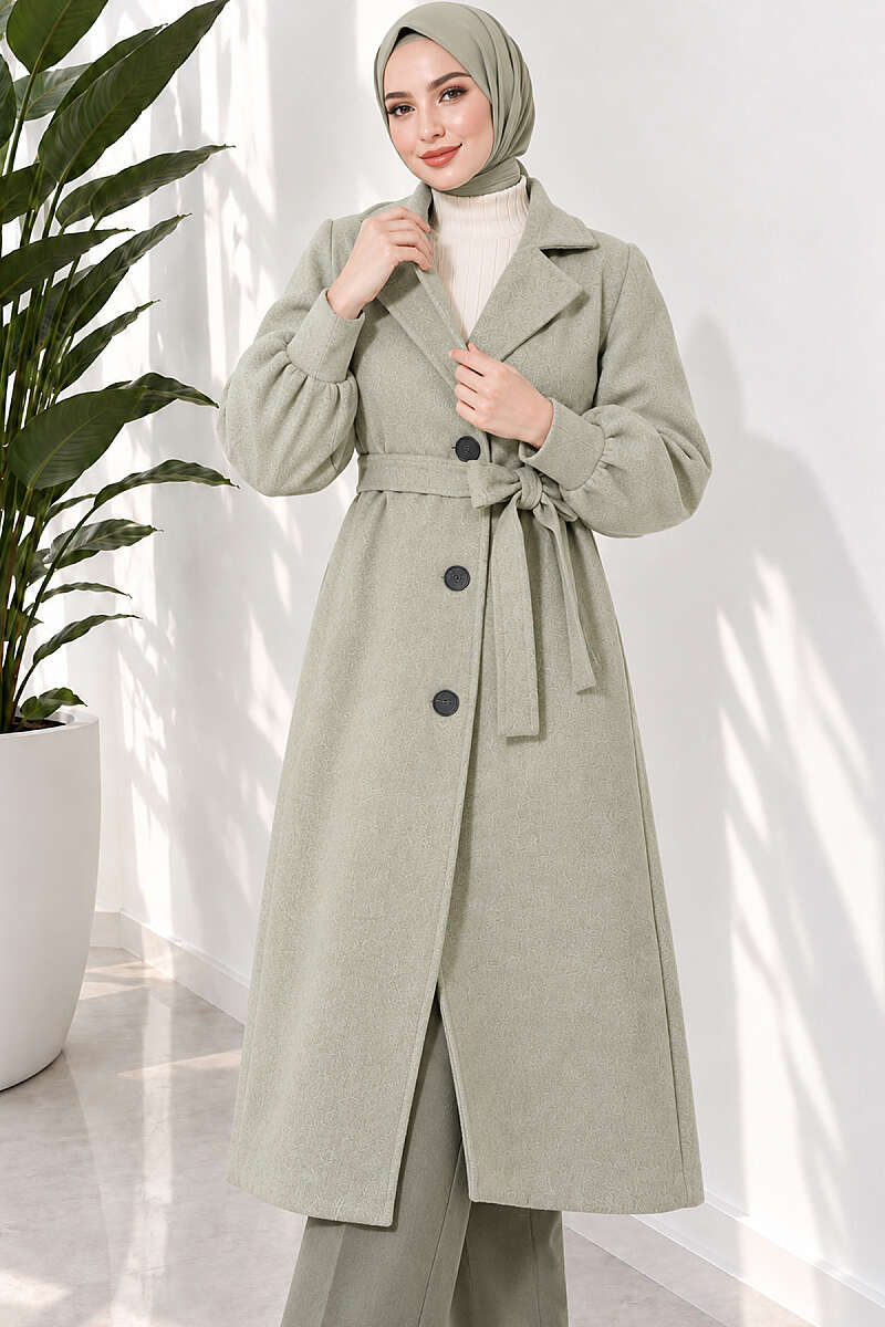 Long Felt Coat with Puff Sleeves - Pistachio