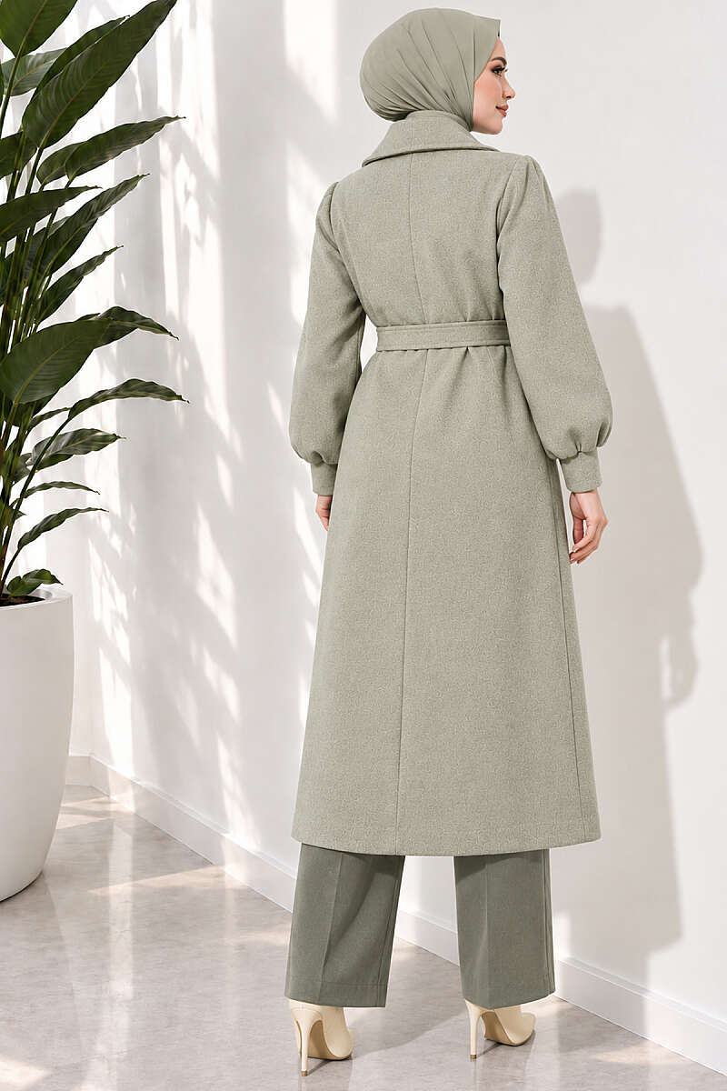 Long Felt Coat with Puff Sleeves - Pistachio