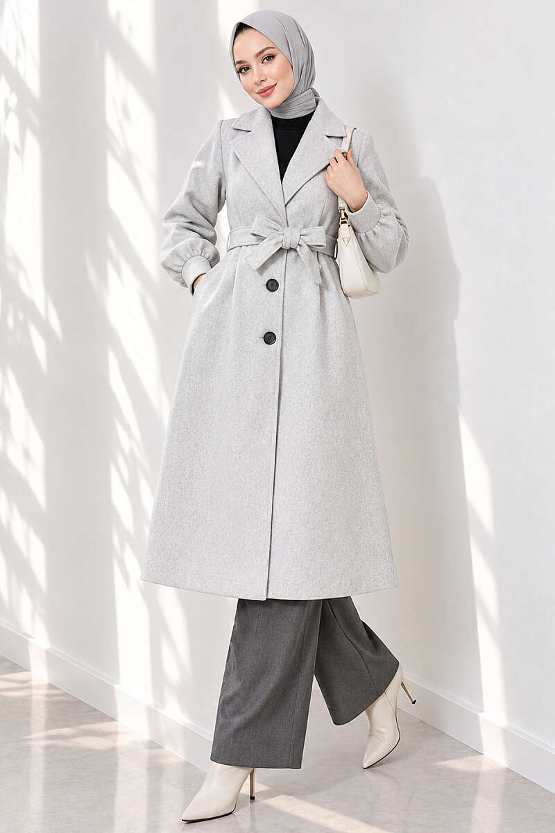 Long Felt Coat with Puff Sleeves - Grey