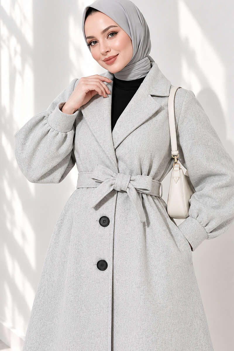 Long Felt Coat with Puff Sleeves - Grey