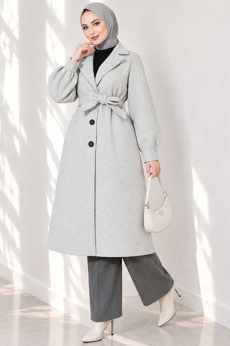 Long Felt Coat with Puff Sleeves - Grey