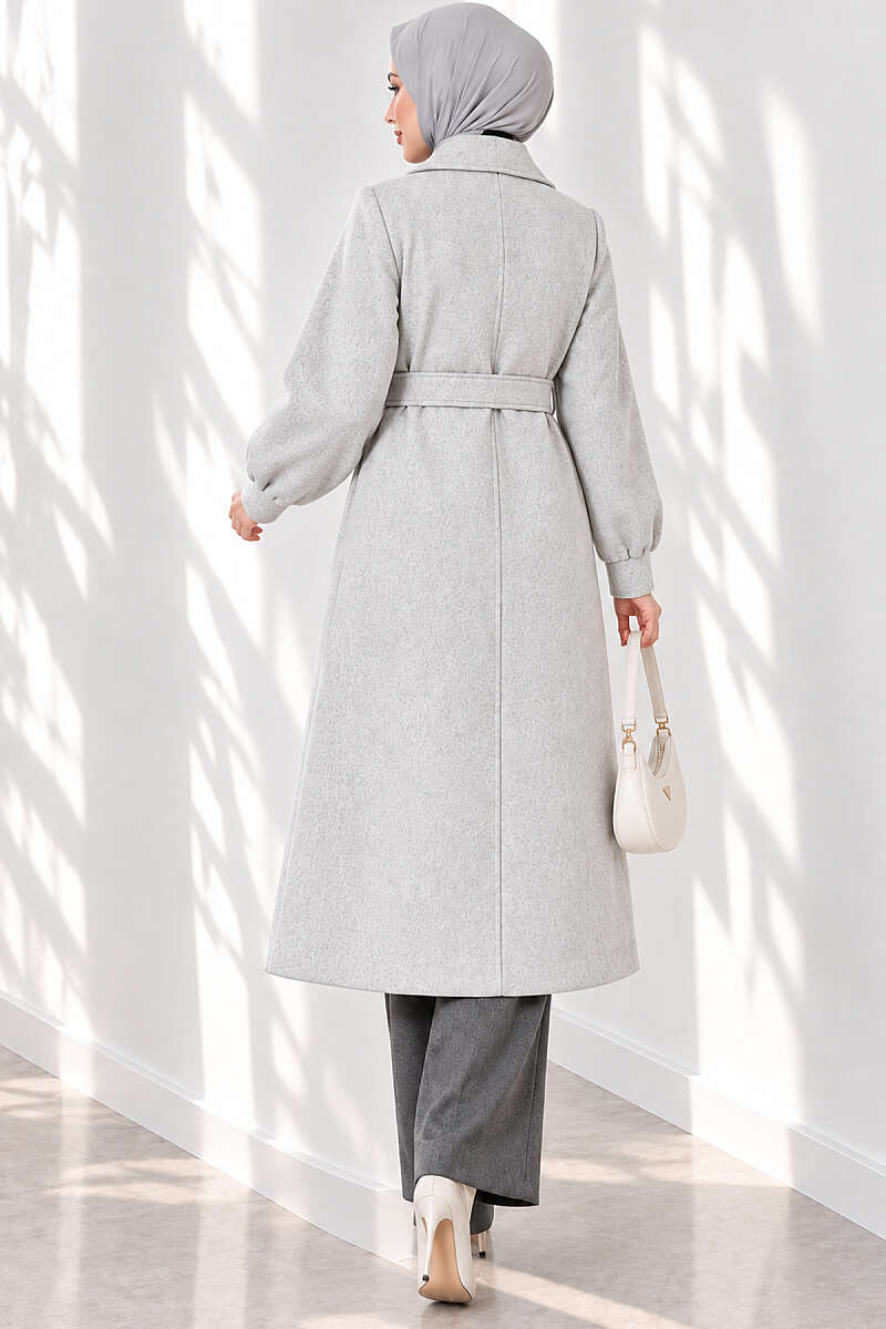 Long Felt Coat with Puff Sleeves - Grey