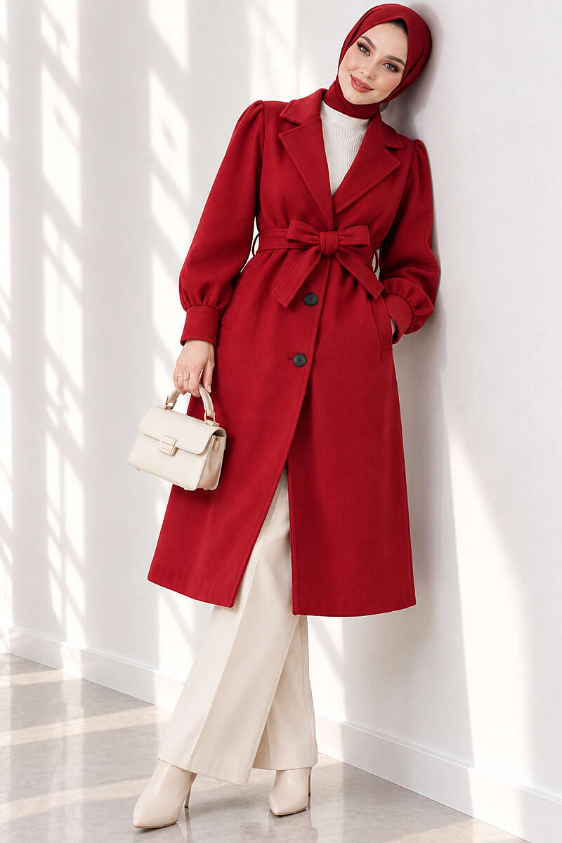 Long Felt Coat with Puff Sleeves - Red